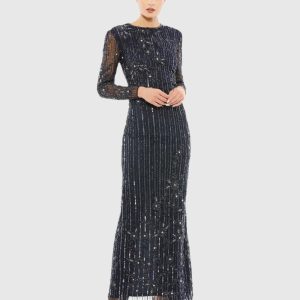 Embellished High Neck Illusion Long Sleeve Gown