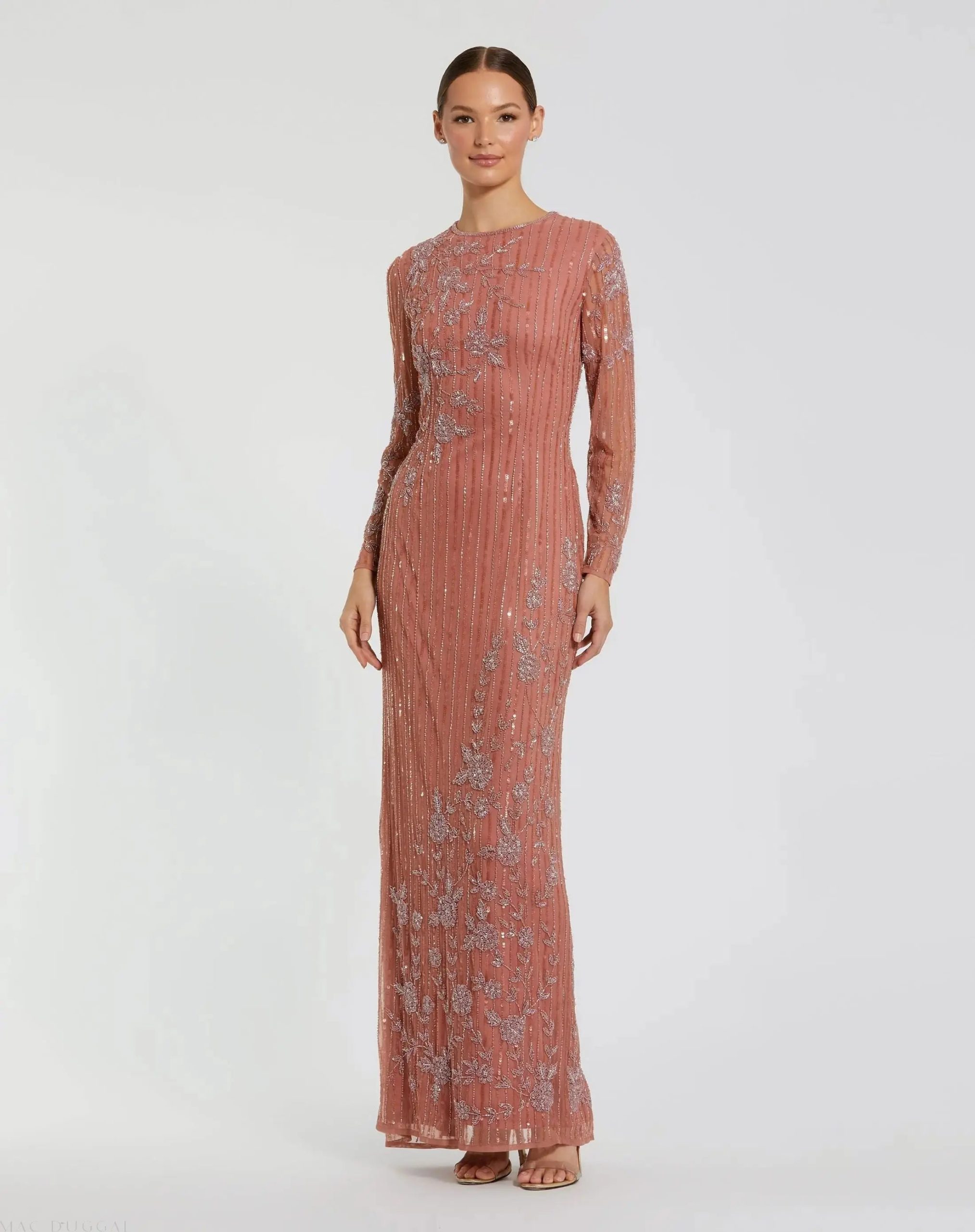 Embellished High Neck Illusion Long Sleeve Gown - Image 2