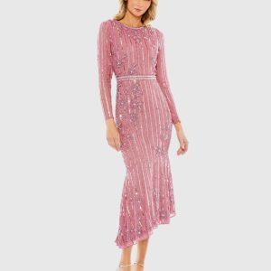 Long Sleeve Embellished Tea Length Dress