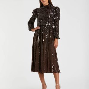 Brown Long Sleeve Sequin Tea Length Dress - FINAL SALE
