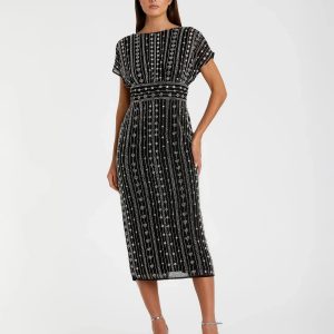 Black Beaded Cap Sleeve Empire Waist Sheath Midi Dress