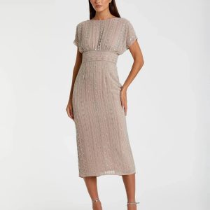 Beige Beaded Cap Sleeve Empire Waist Sheath Midi Dress