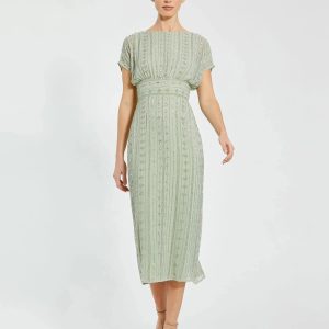 Green Beaded Cap Sleeve Empire Waist Sheath Midi Dress