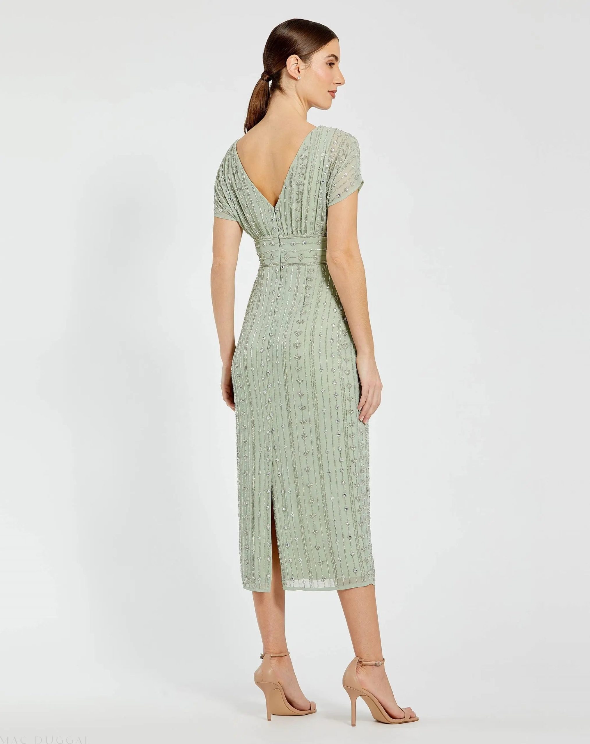Green Beaded Cap Sleeve Empire Waist Sheath Midi Dress - Image 3
