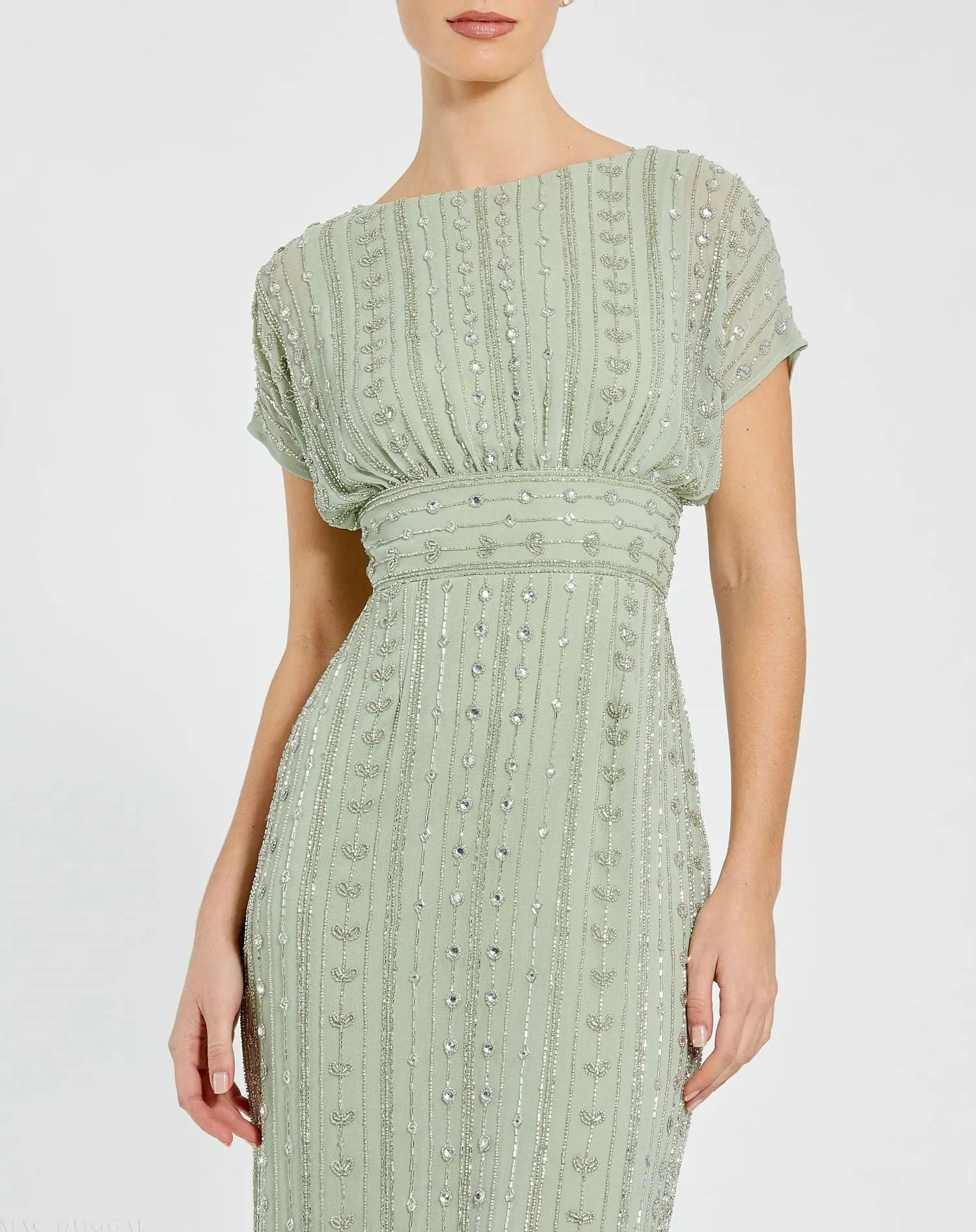 Green Beaded Cap Sleeve Empire Waist Sheath Midi Dress - Image 2