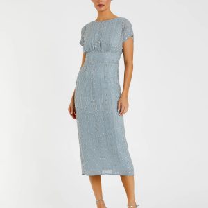 Blue Beaded Cap Sleeve Empire Waist Sheath Midi Dress