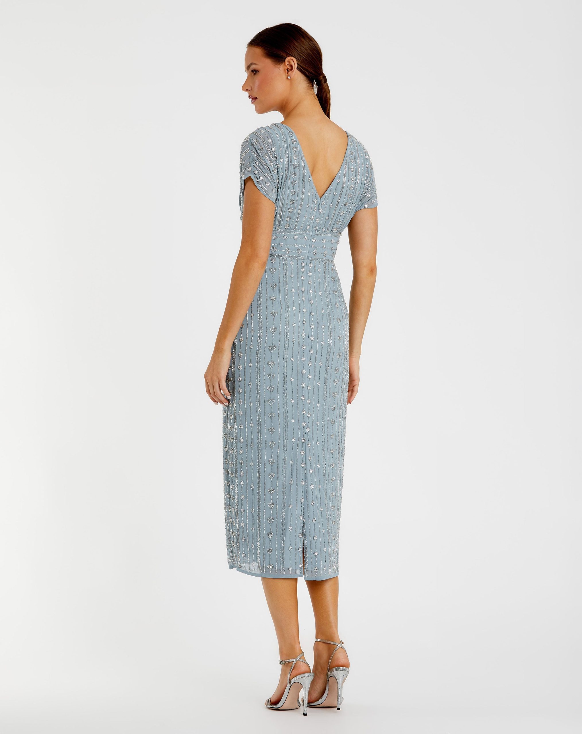 Blue Beaded Cap Sleeve Empire Waist Sheath Midi Dress - Image 3