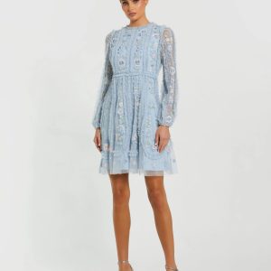 Blue Floral Long Sleeve Micro Ruffle Mini Dress