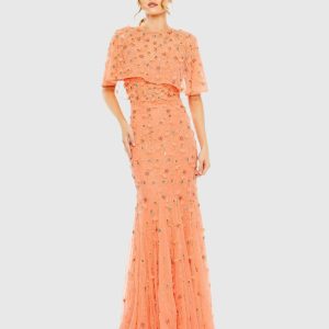 Orange Embellished Illusion Cape Sleeve Trumpet Gown