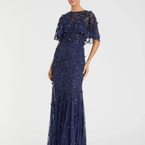 Navy Embellished Illusion Cape Sleeve Trumpet Gown