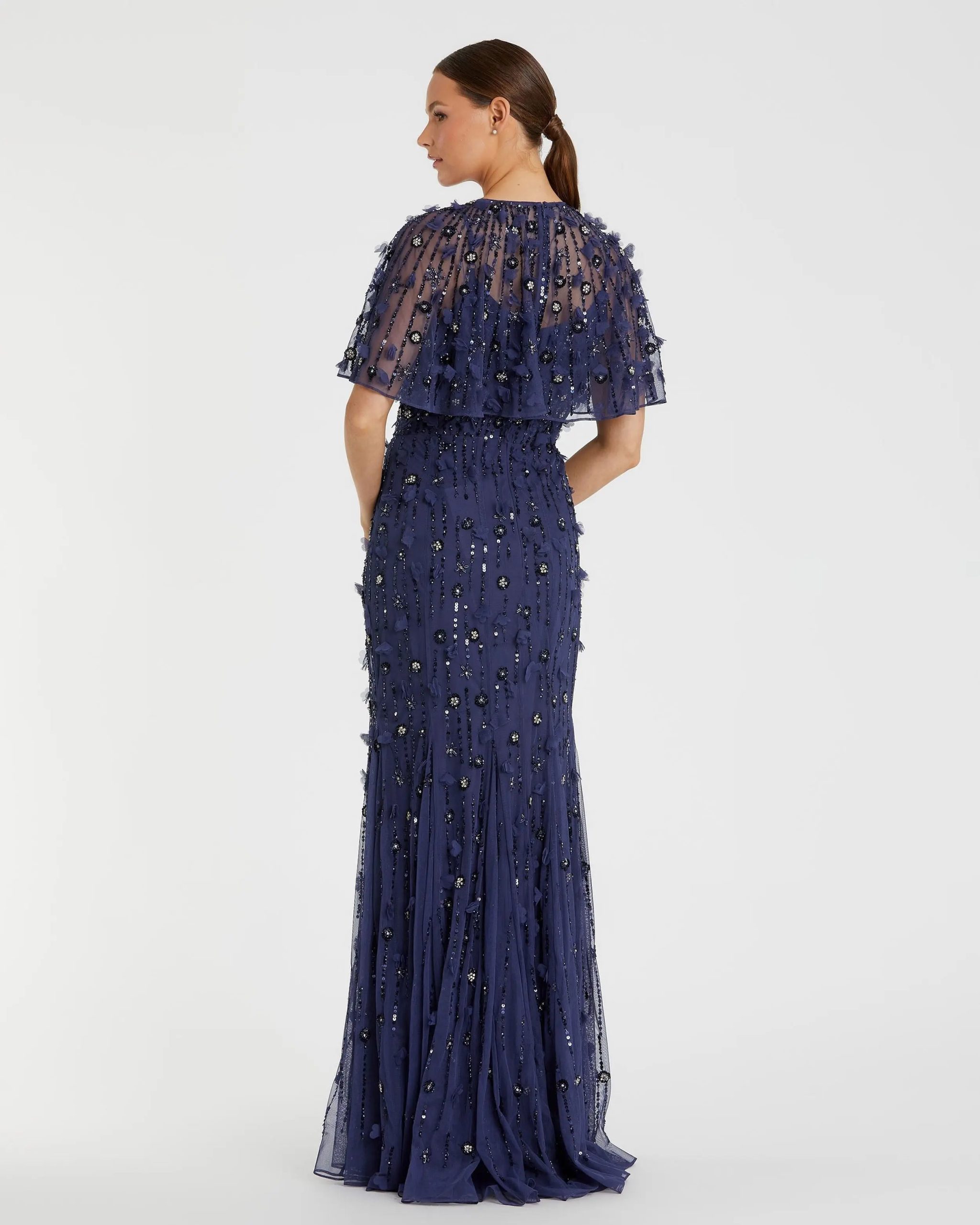 Navy Embellished Illusion Cape Sleeve Trumpet Gown - Image 3