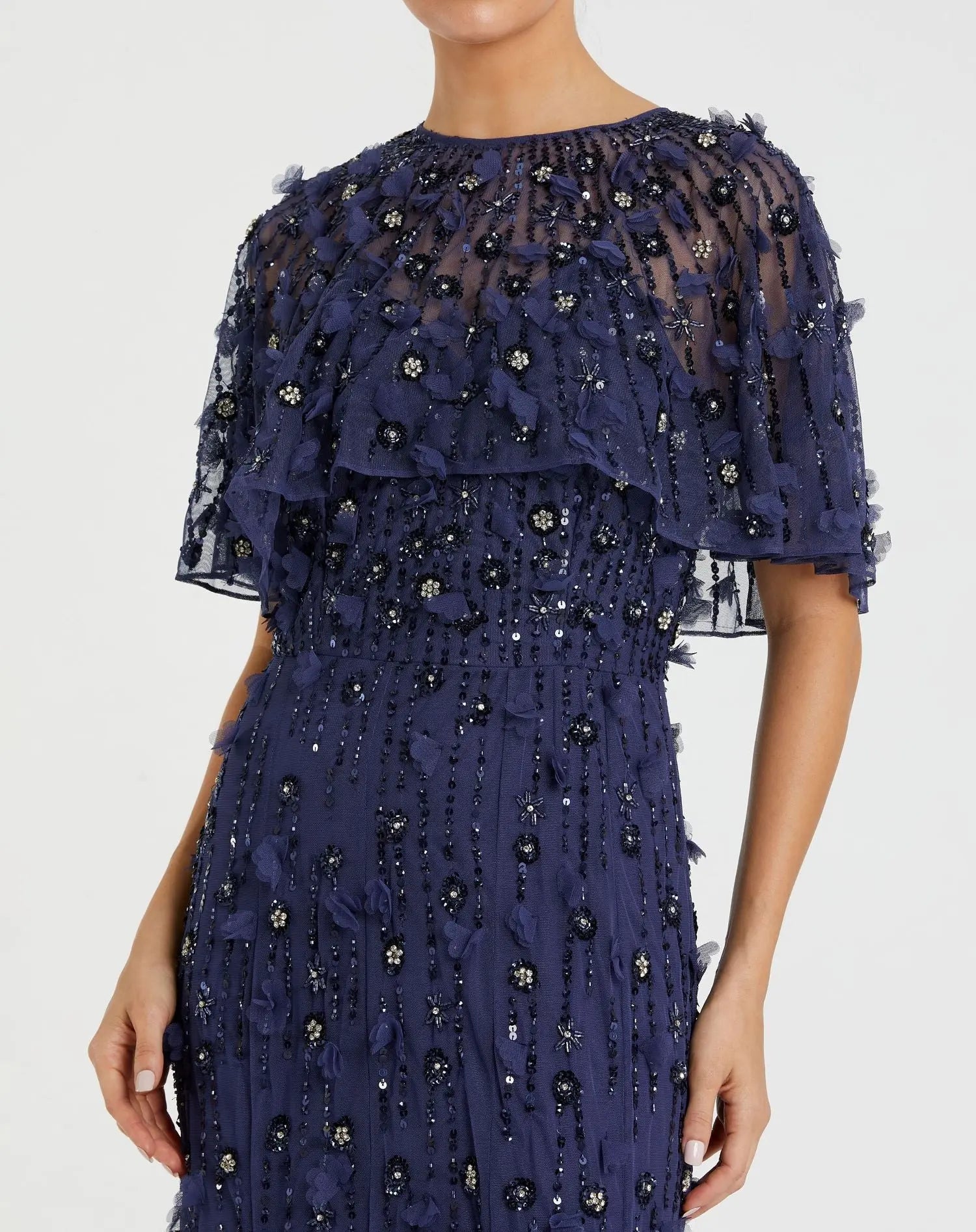 Navy Embellished Illusion Cape Sleeve Trumpet Gown - Image 2