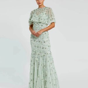 Green Embellished Illusion Cape Sleeve Trumpet Gown