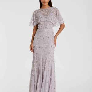 Purple Embellished Illusion Cape Sleeve Trumpet Gown