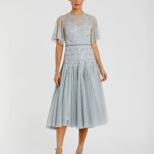 Cape Sleeve Beaded Tea Length A-line Dress