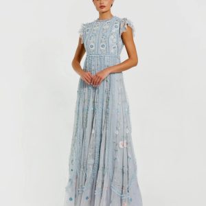 Blue Floral Embroidered Ruffle A Line Gown