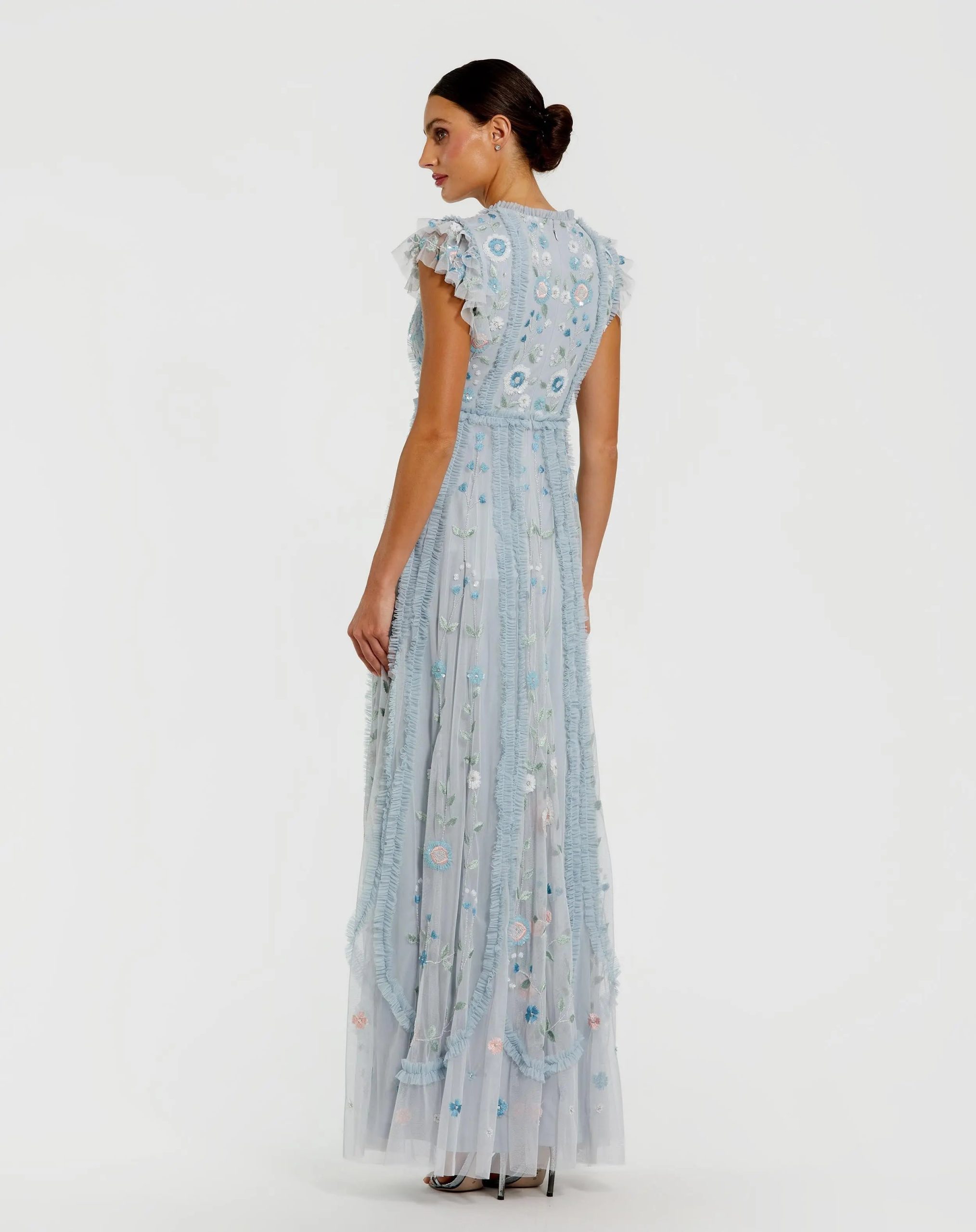 Blue Floral Embroidered Ruffle A Line Gown - Image 3