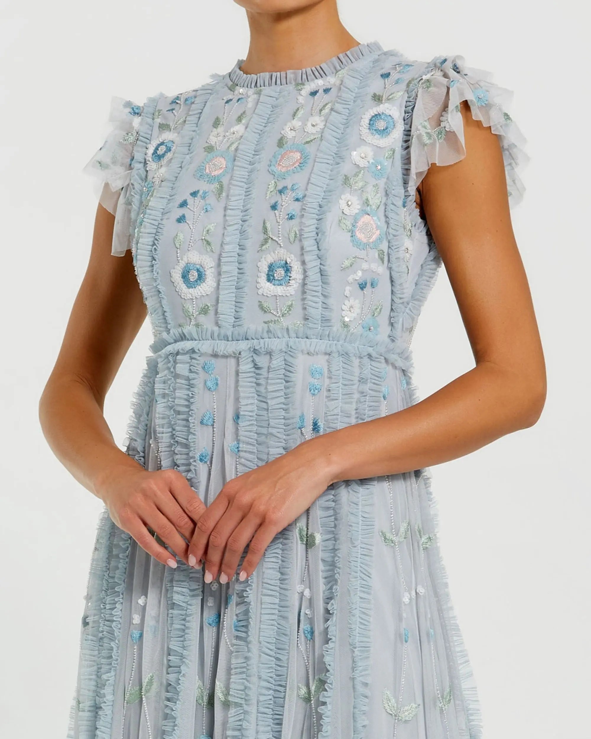 Blue Floral Embroidered Ruffle A Line Gown - Image 2