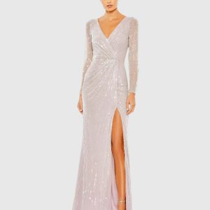 Sequined Faux Wrap Long Sleeve Gown