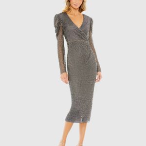 Beaded Wrap Over Puff Sleeve Dress