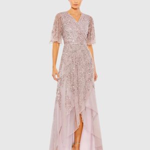 Sequined Butterfly Sleeve High Low Gown