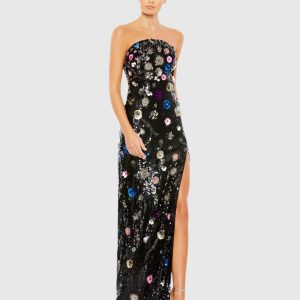 Black Floral Embellished Strapless Column Gown