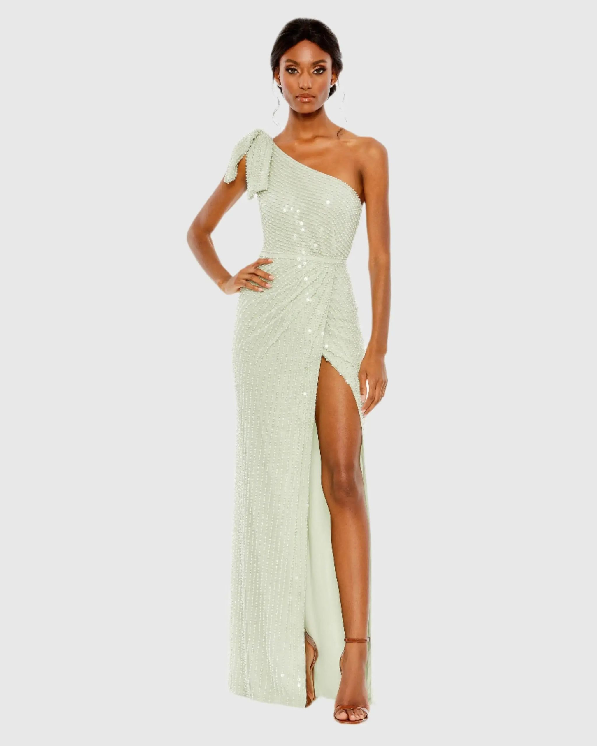 Pearl Embellished Soft Tie One Shoulder Gown - Image 3