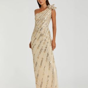 Gold Embellished Floral Detail One Shoulder Gown