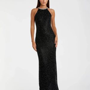 Black Beaded Sleeveless High Neck Column Gown