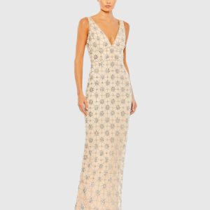 Beige Sleeveless Hand Beaded V-Neck Gown