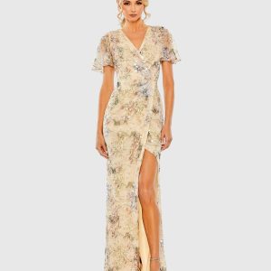 Beige Flutter Sleeve Embellished Evening Gown