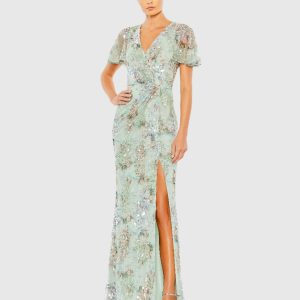Green Flutter Sleeve Embellished Evening Gown