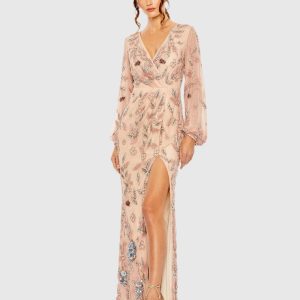 Pink Long Sleeve Floral Beaded Surplice Wrap Gown - FINAL SALE