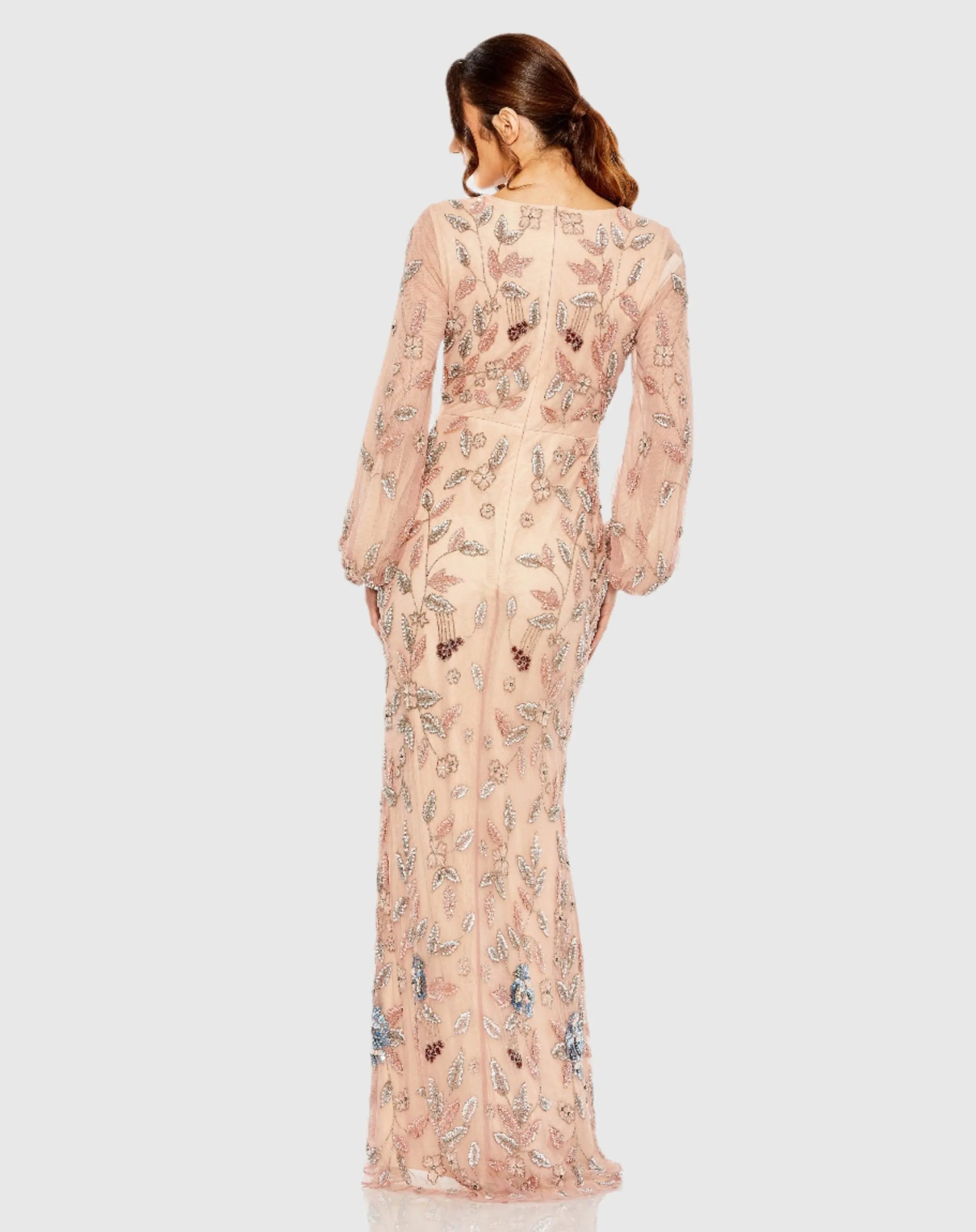 Pink Long Sleeve Floral Beaded Surplice Wrap Gown - FINAL SALE - Image 3