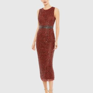 Geometric Embellished Sleeveless Column Dress