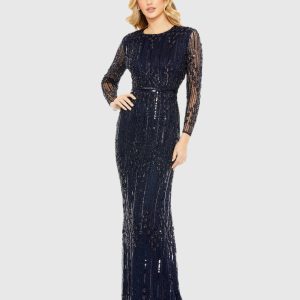 Navy Embellished Long Sleeve Column Gown