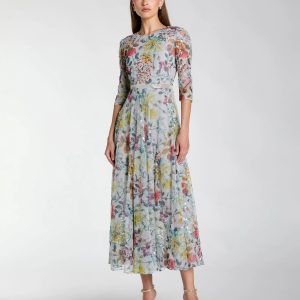 Blue Multicolor Floral Midi Dress With 3/4 Sleeves
