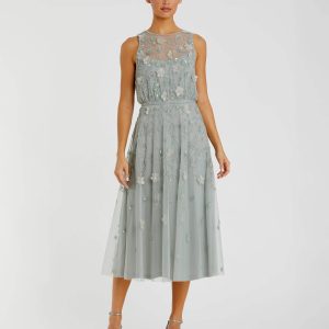 Green Floral Embellished Sleeveless Midi Dress