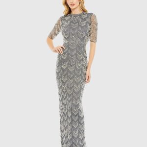 Gray Beaded Fringe Quarter Sleeve Column Gown