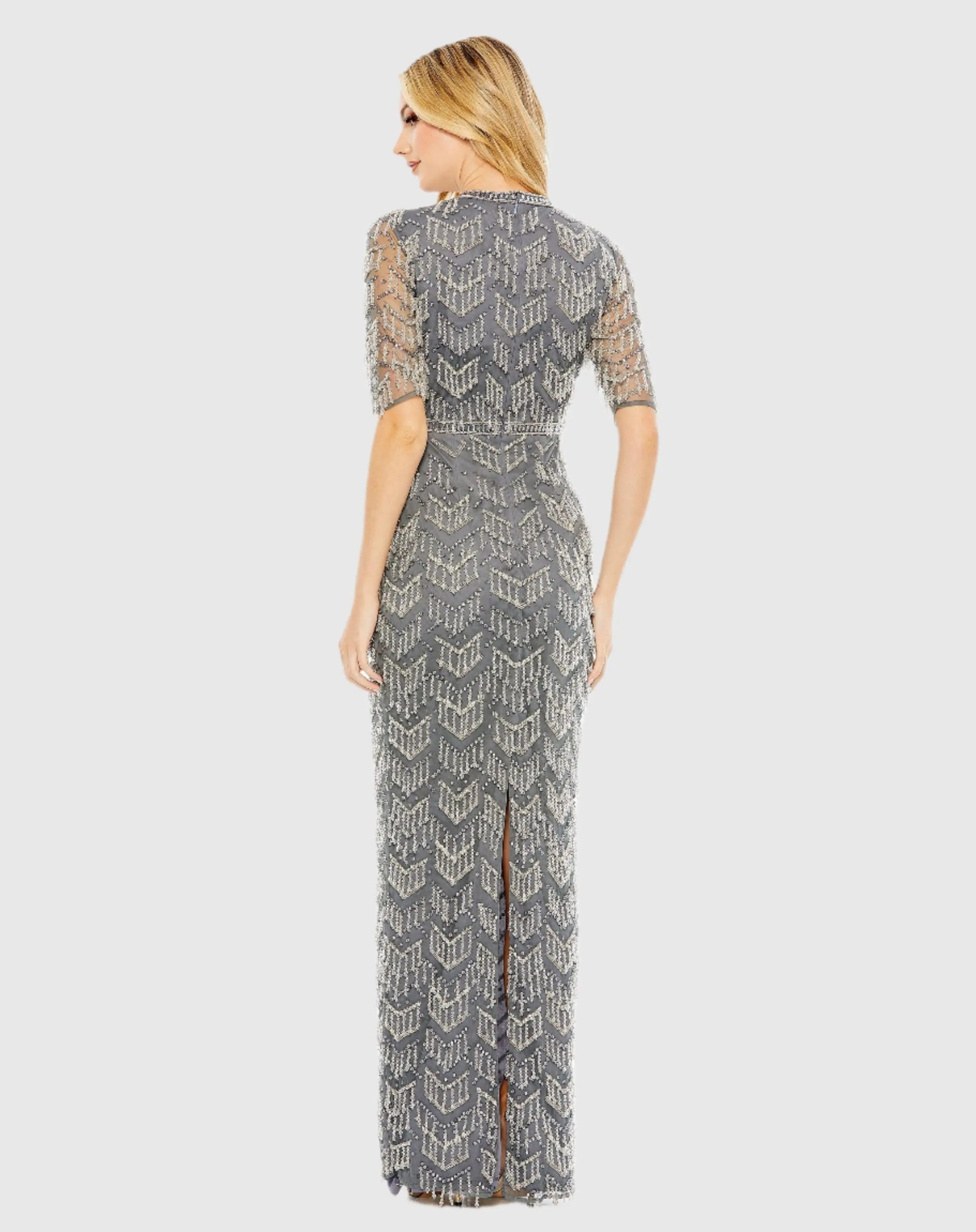 Gray Beaded Fringe Quarter Sleeve Column Gown - Image 3