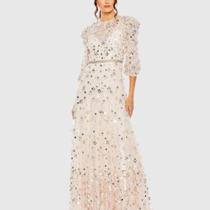 Pink Floral Applique Puff Sleeve High Neck A-Line Gown