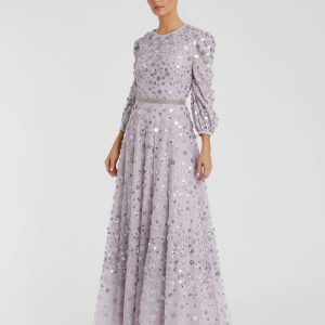Purple Floral Applique Puff Sleeve High Neck A-Line Gown