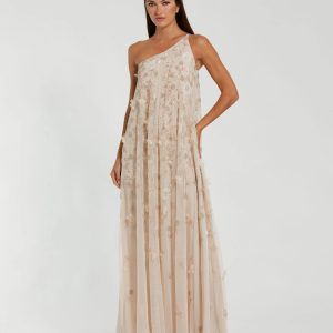 Beige One Shoulder Floral Embellished Trapeze Gown