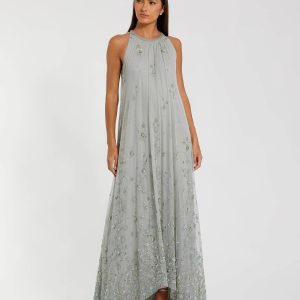 Green High Neck Floral Embellished Mesh Trapeze Gown