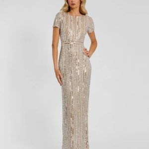 Beige and Silver High Neck Short Sleeve Embellished Gown