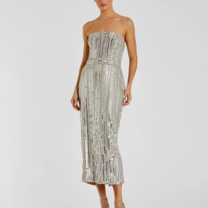 Silver and Beige Embellished Strapless Sheath Dress