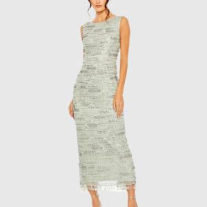 Green Sleeveless Embellished Dress With Fringe Hem