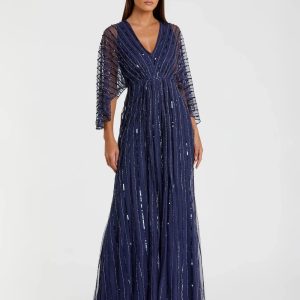 Navy Beaded Striping Kimono Sleeve V Neck Gown - FINAL SALE