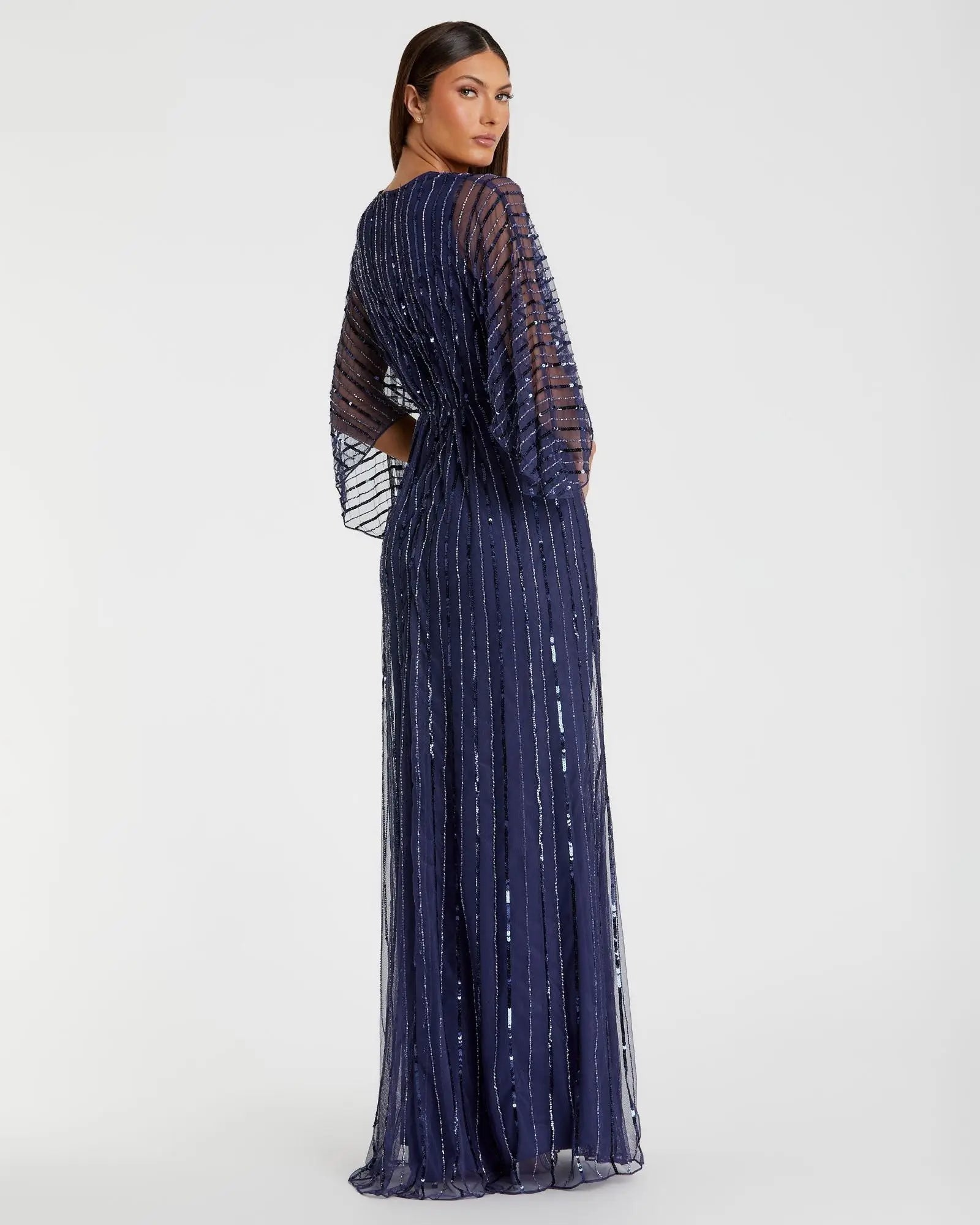 Navy Beaded Striping Kimono Sleeve V Neck Gown - FINAL SALE - Image 3