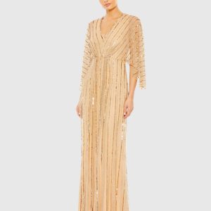 Beige Beaded Striping Kimono Sleeve V Neck Gown - FINAL SALE
